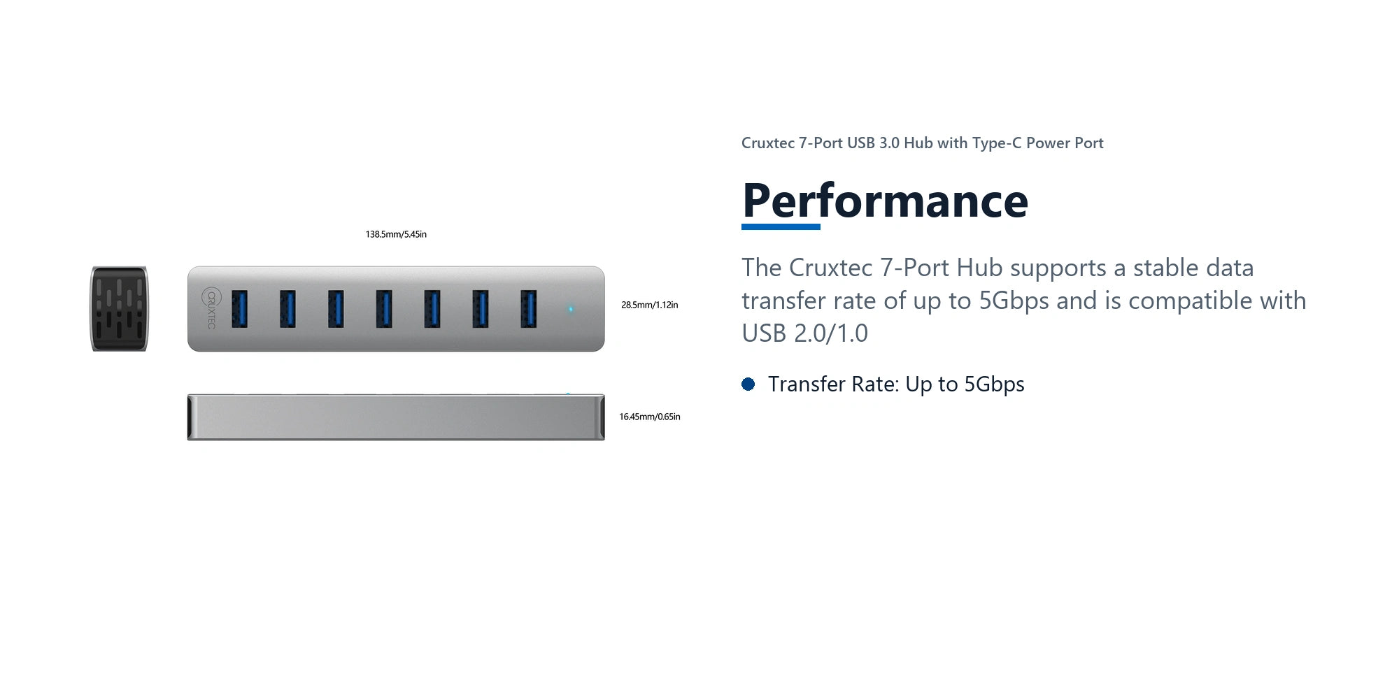 Cruxtec 7-Port USB 3.0 Hub with Type-C Power Port performance detail image with verified product information