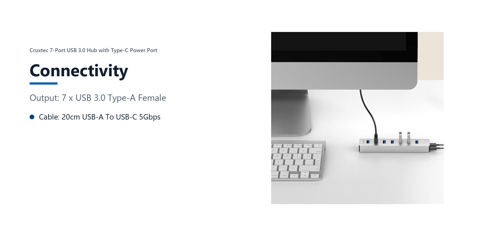 Cruxtec 7-Port USB 3.0 Hub with Type-C Power Port connectivity detail image with verified product information