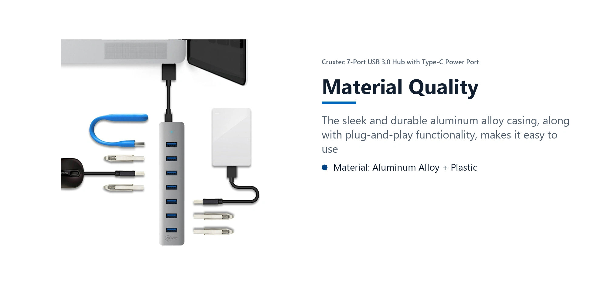 Cruxtec 7-Port USB 3.0 Hub with Type-C Power Port material quality detail image with verified product information