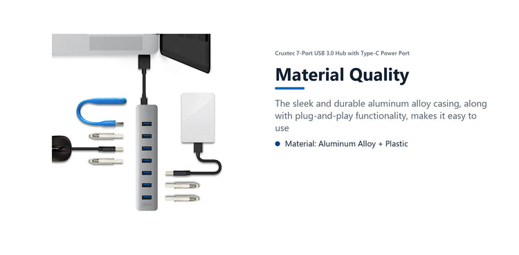 Cruxtec 7-Port USB 3.0 Hub with Type-C Power Port material quality detail image with verified product information