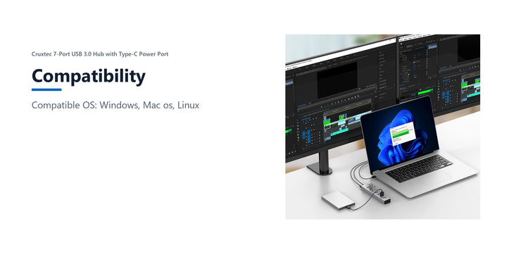 Cruxtec 7-Port USB 3.0 Hub with Type-C Power Port compatibility detail image with verified product information