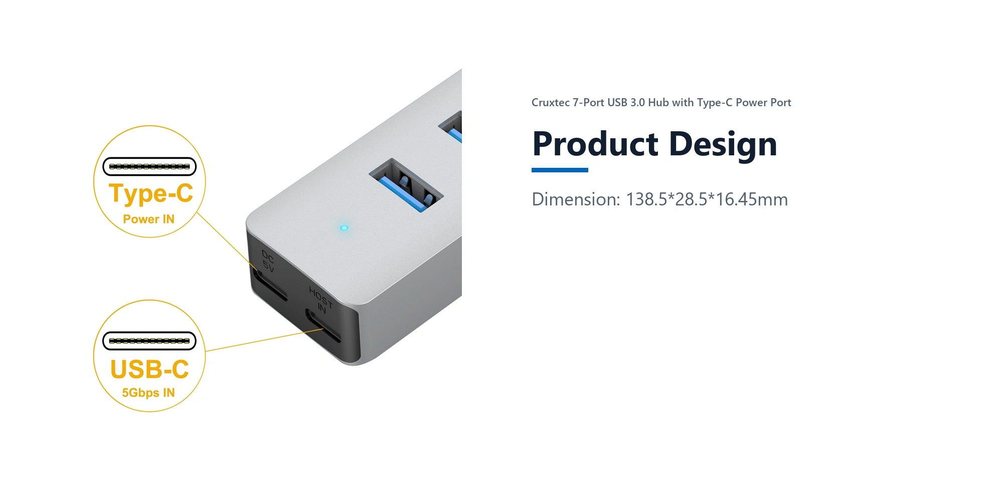 Cruxtec 7-Port USB 3.0 Hub with Type-C Power Port product design detail image with verified product information