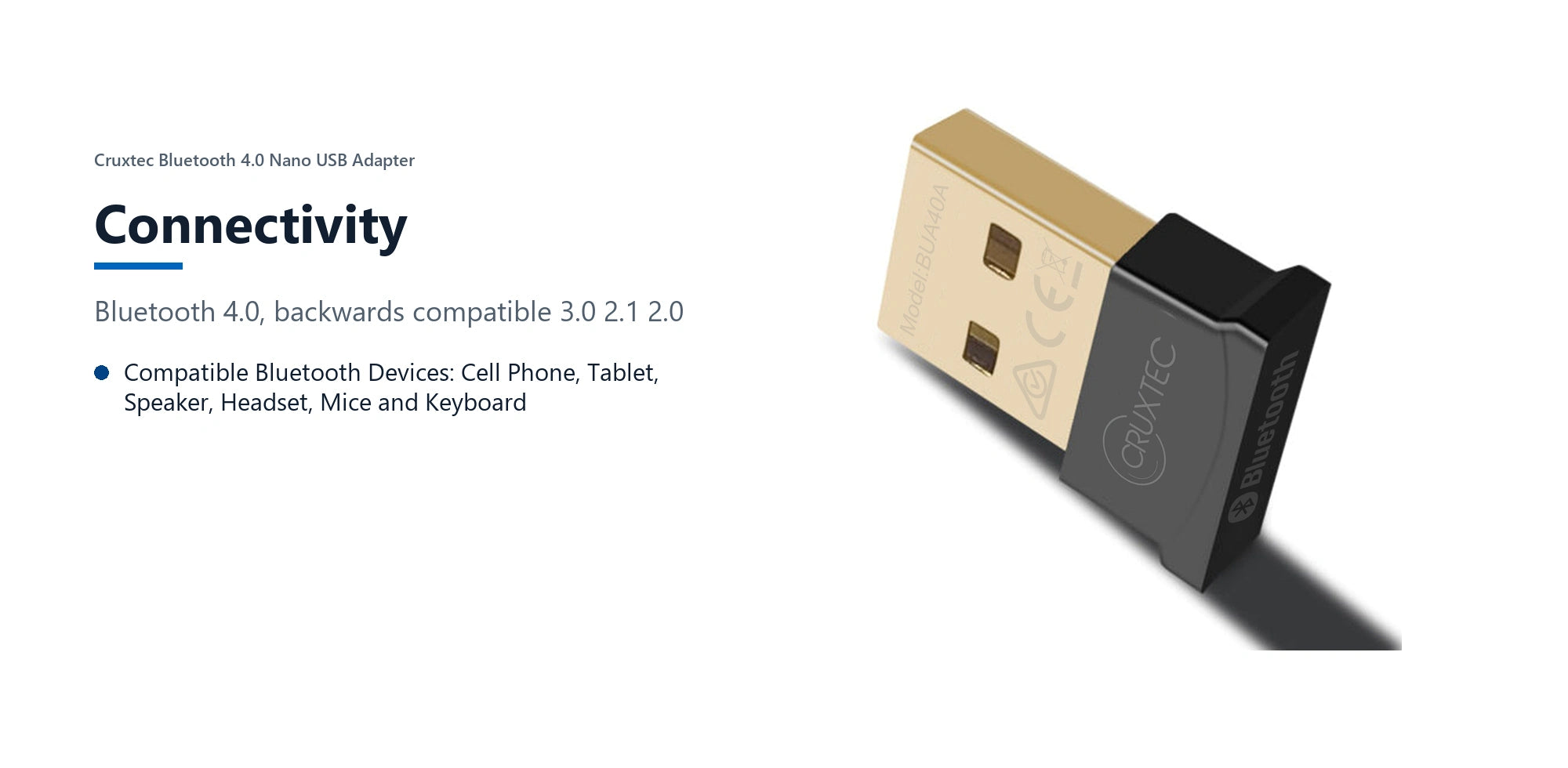 Cruxtec Bluetooth 4.0 Nano USB Adapter connectivity detail image with verified product information