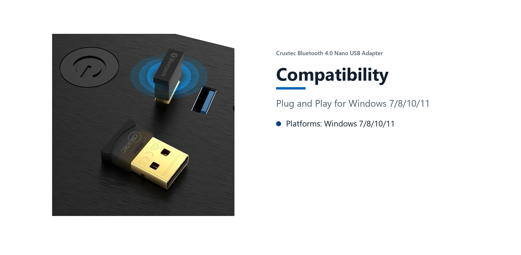 Cruxtec Bluetooth 4.0 Nano USB Adapter compatibility detail image with verified product information