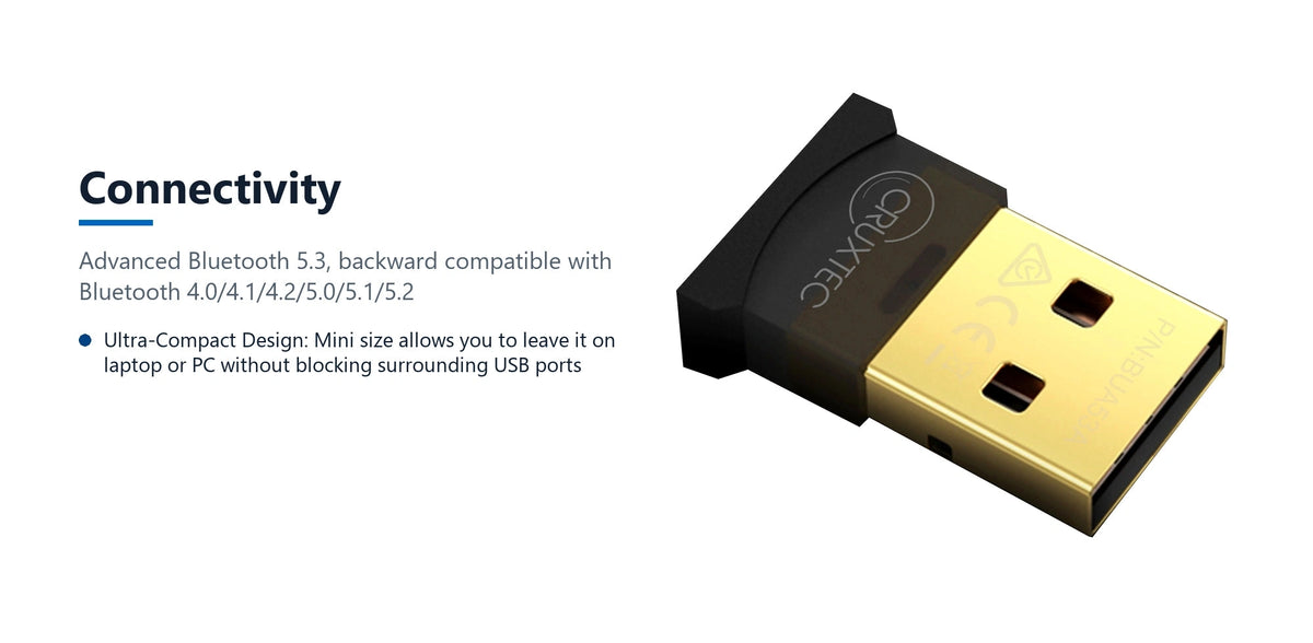 Cruxtec Bluetooth 5.3 Nano USB Adapter connectivity detail image with verified product information