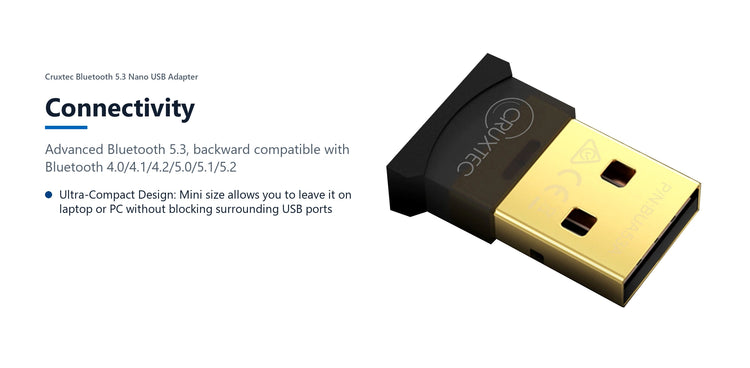 Cruxtec Bluetooth 5.3 Nano USB Adapter connectivity detail image with verified product information