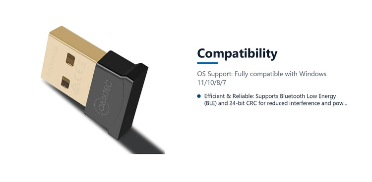 Cruxtec Bluetooth 5.3 Nano USB Adapter compatibility detail image with verified product information