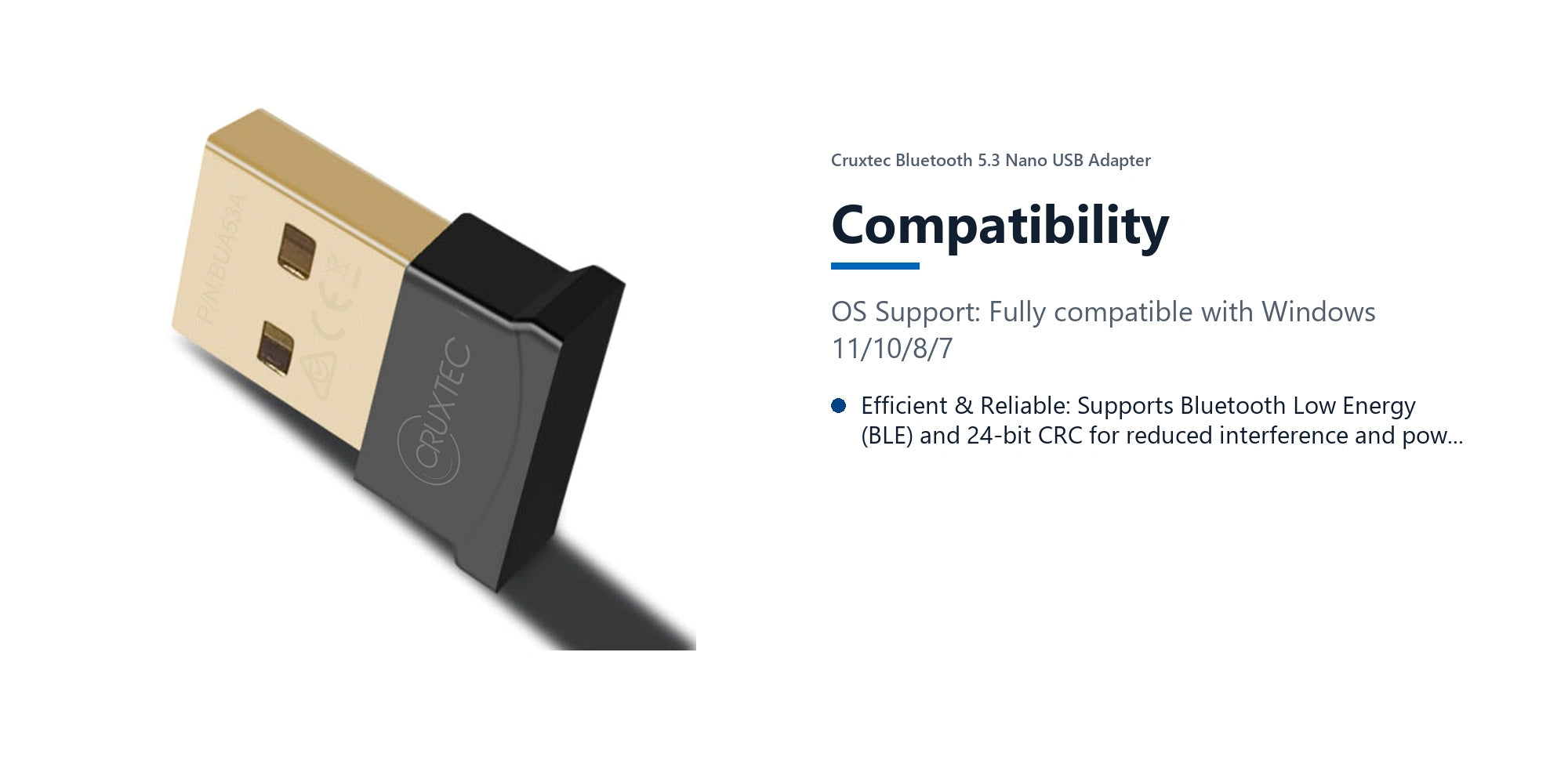Cruxtec Bluetooth 5.3 Nano USB Adapter compatibility detail image with verified product information