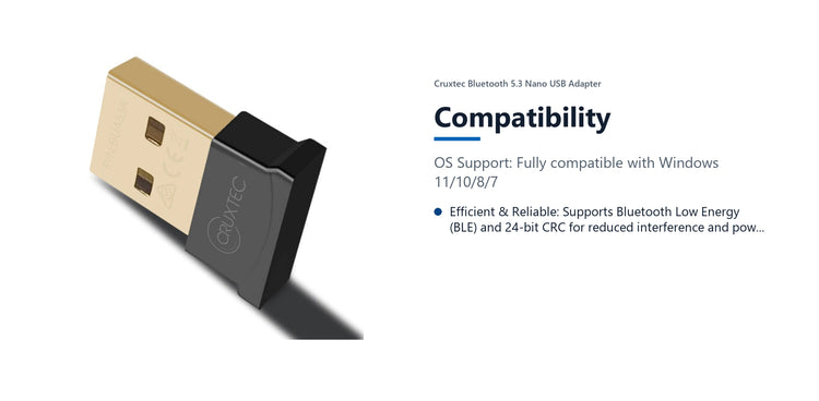 Cruxtec Bluetooth 5.3 Nano USB Adapter compatibility detail image with verified product information