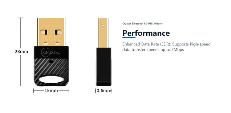 Cruxtec Bluetooth 6.0 USB Adapter performance detail image with verified product information