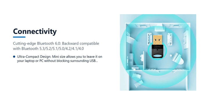 Cruxtec Bluetooth 6.0 USB Adapter connectivity detail image with verified product information