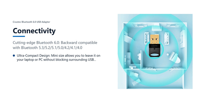 Cruxtec Bluetooth 6.0 USB Adapter connectivity detail image with verified product information