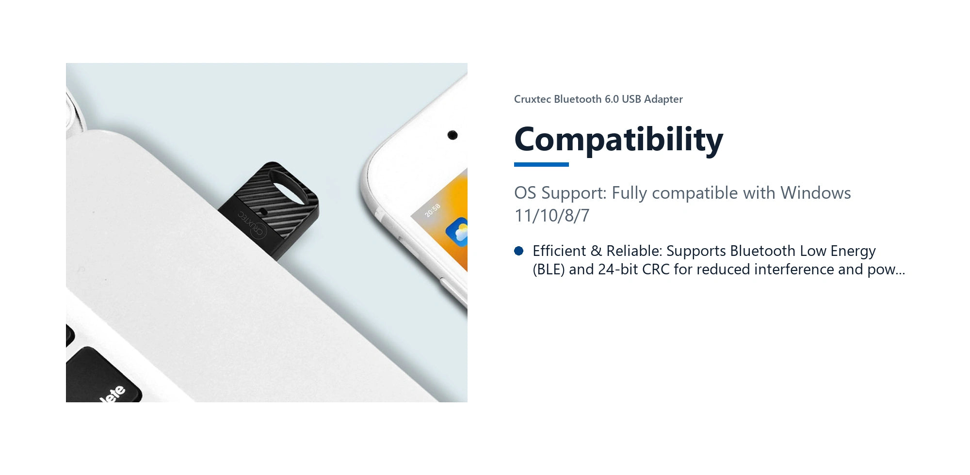Cruxtec Bluetooth 6.0 USB Adapter compatibility detail image with verified product information