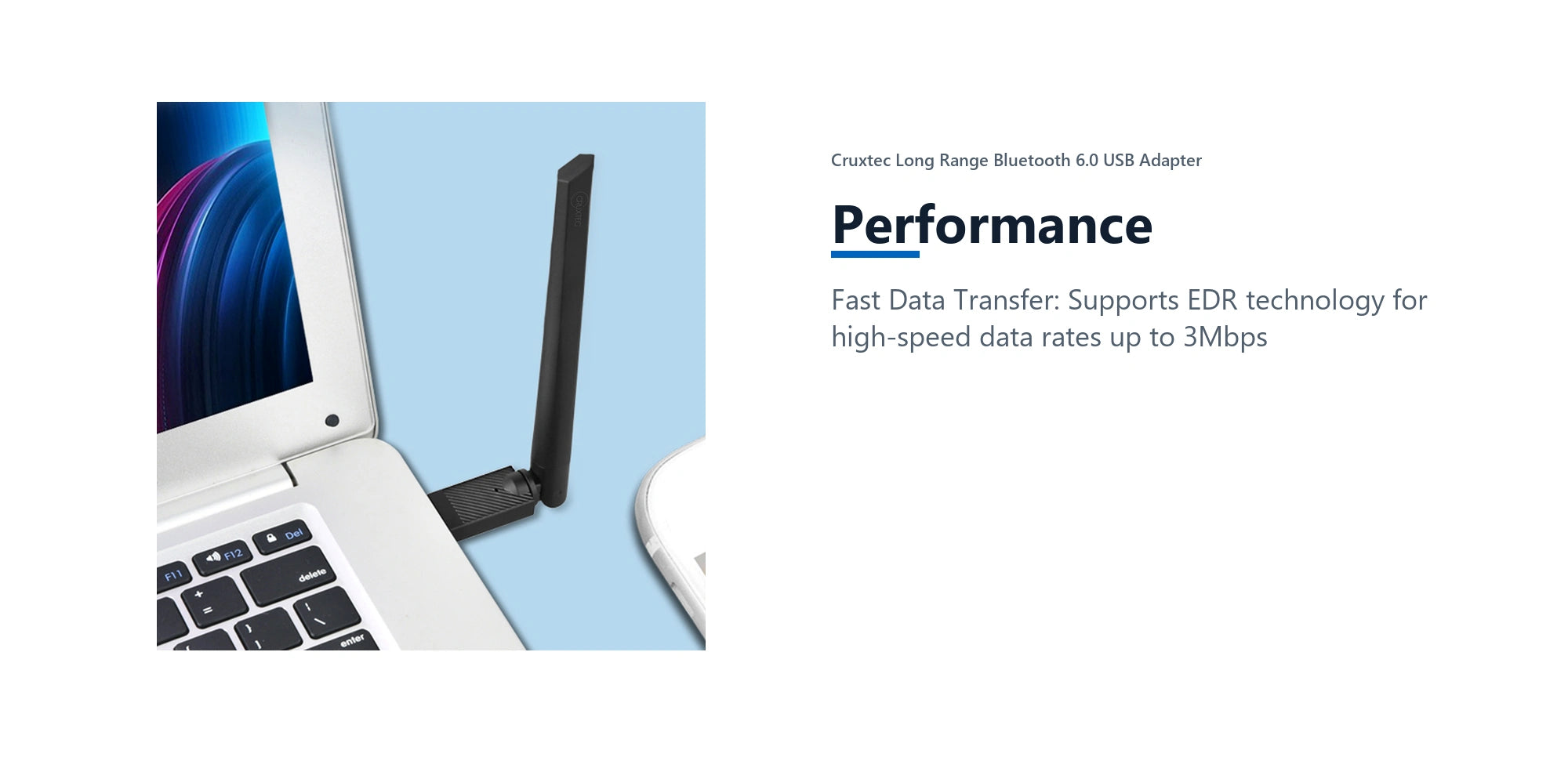 Cruxtec Long Range Bluetooth 6.0 USB Adapter performance detail image with verified product information