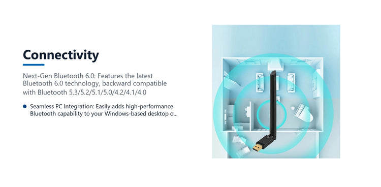 Cruxtec Long Range Bluetooth 6.0 USB Adapter connectivity detail image with verified product information