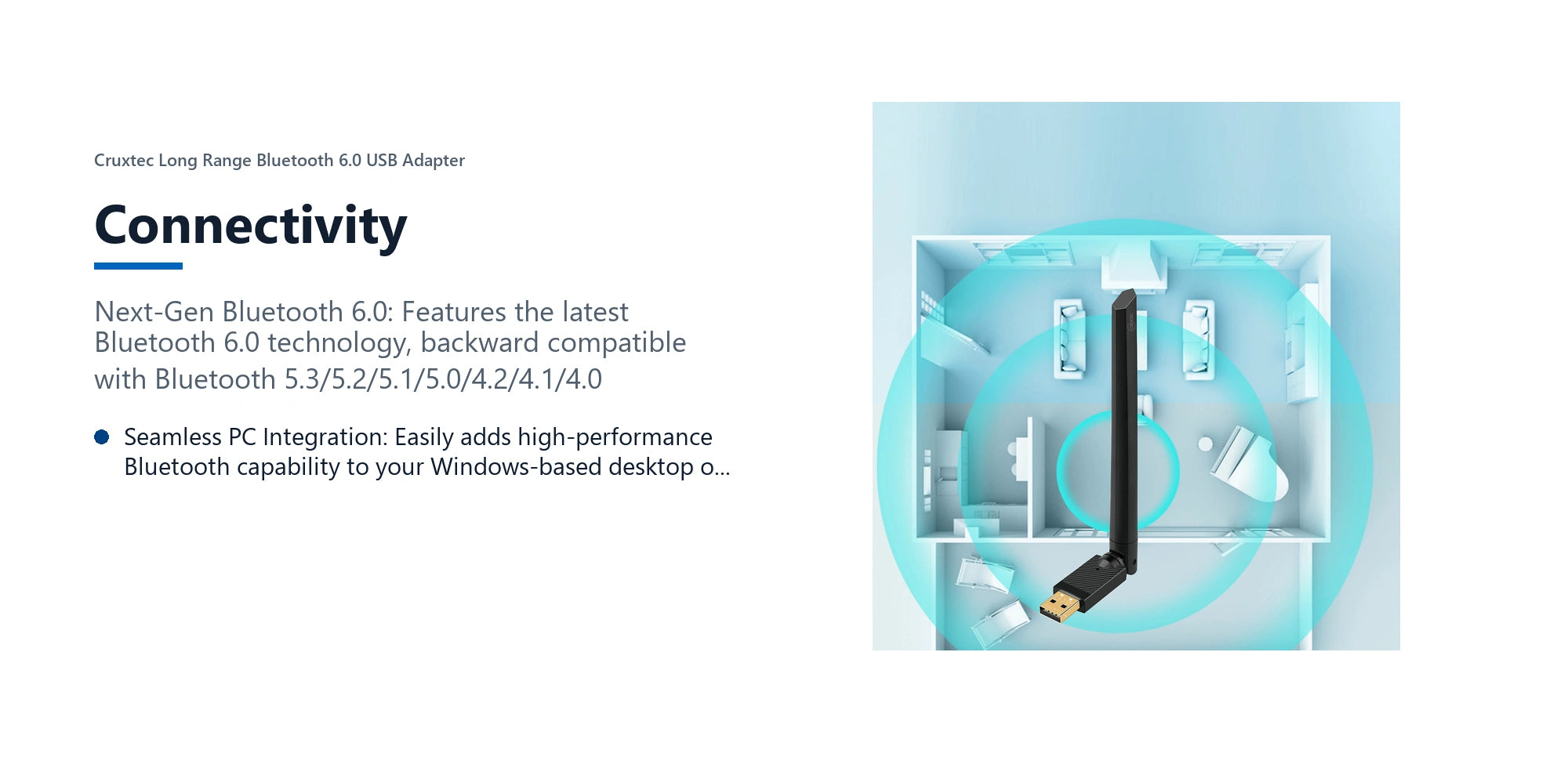 Cruxtec Long Range Bluetooth 6.0 USB Adapter connectivity detail image with verified product information
