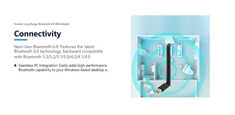 Cruxtec Long Range Bluetooth 6.0 USB Adapter connectivity detail image with verified product information