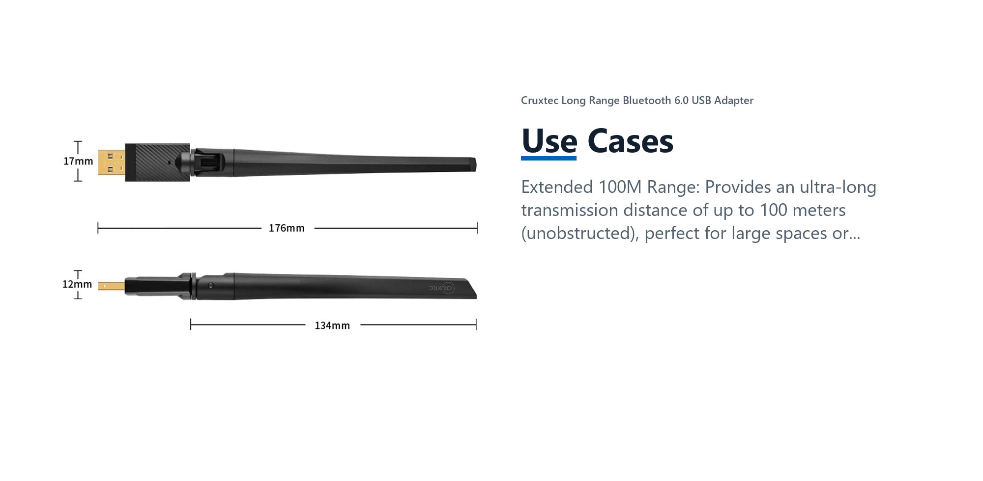 Cruxtec Long Range Bluetooth 6.0 USB Adapter use cases detail image with verified product information