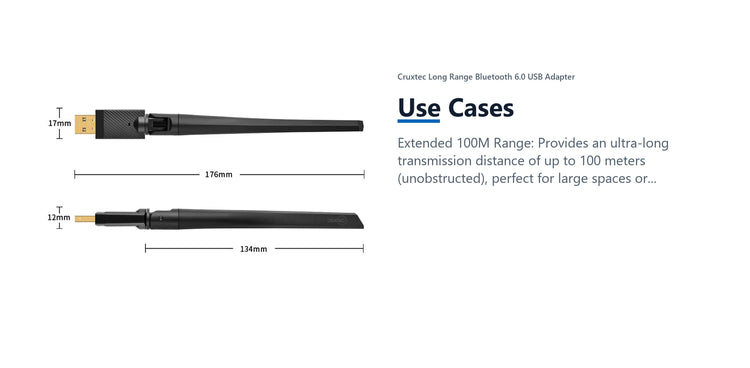 Cruxtec Long Range Bluetooth 6.0 USB Adapter use cases detail image with verified product information
