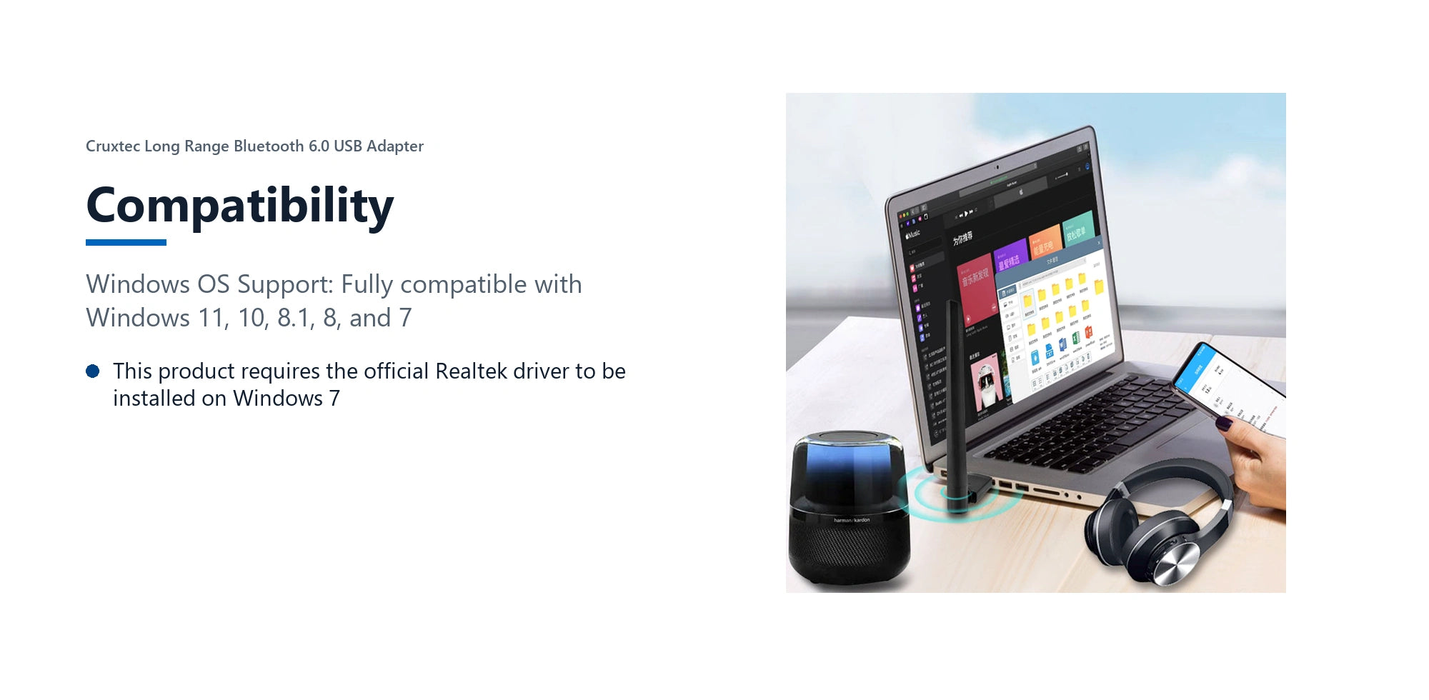 Cruxtec Long Range Bluetooth 6.0 USB Adapter compatibility detail image with verified product information