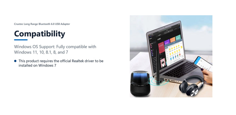 Cruxtec Long Range Bluetooth 6.0 USB Adapter compatibility detail image with verified product information