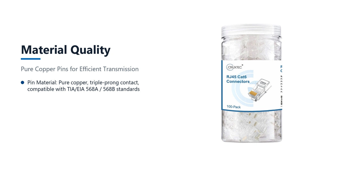 Cruxtec RJ45 CAT6 UTP Connector 100 Pack material quality detail image with verified product information