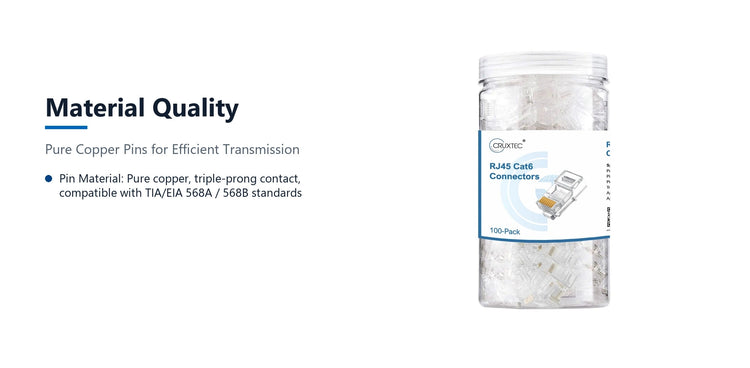 Cruxtec RJ45 CAT6 UTP Connector 100 Pack material quality detail image with verified product information
