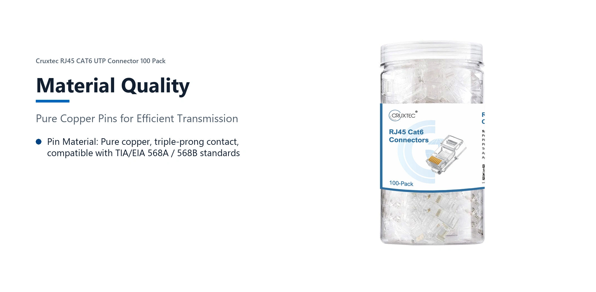 Cruxtec RJ45 CAT6 UTP Connector 100 Pack material quality detail image with verified product information