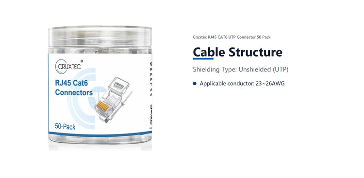 Cruxtec RJ45 CAT6 UTP Connector 50 Pack cable structure detail image with verified product information