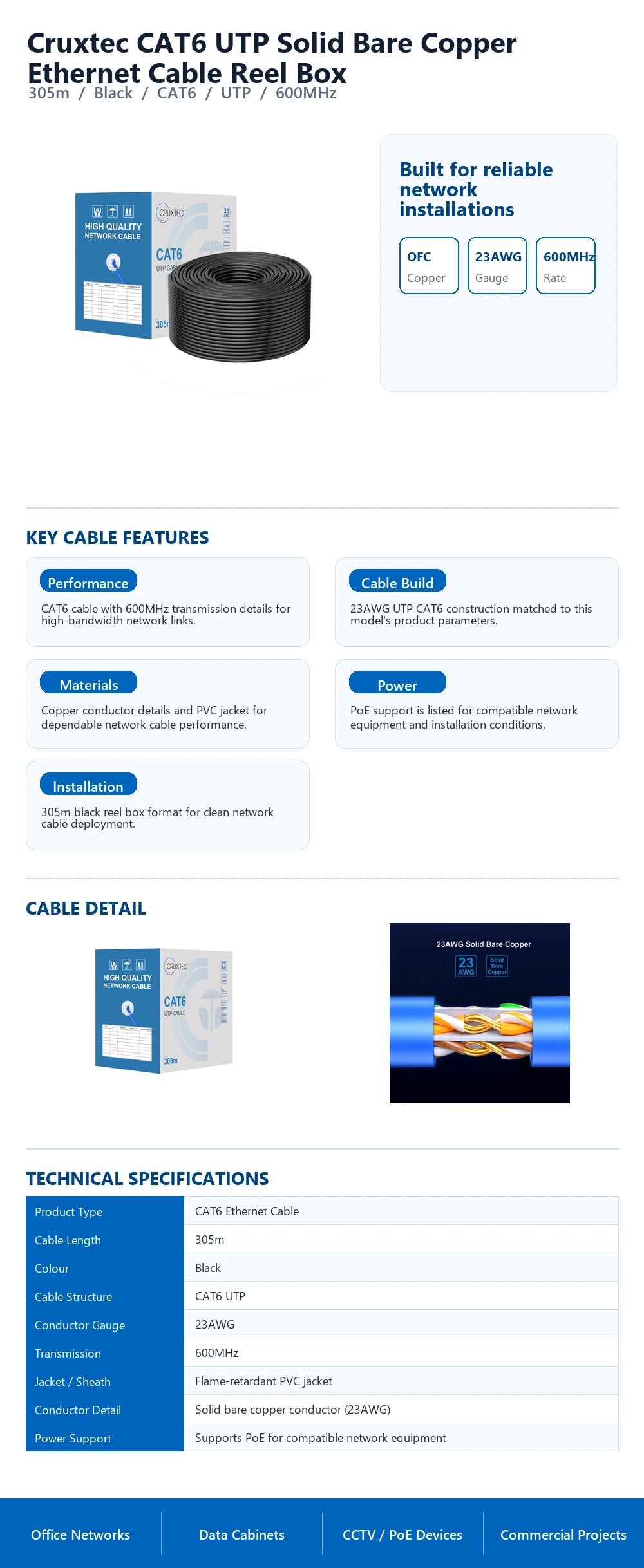 Cruxtec CAT6 UTP Solid Bare Copper Ethernet Cable Reel Box (Black 305m) technical infographic with verified network cable specifications