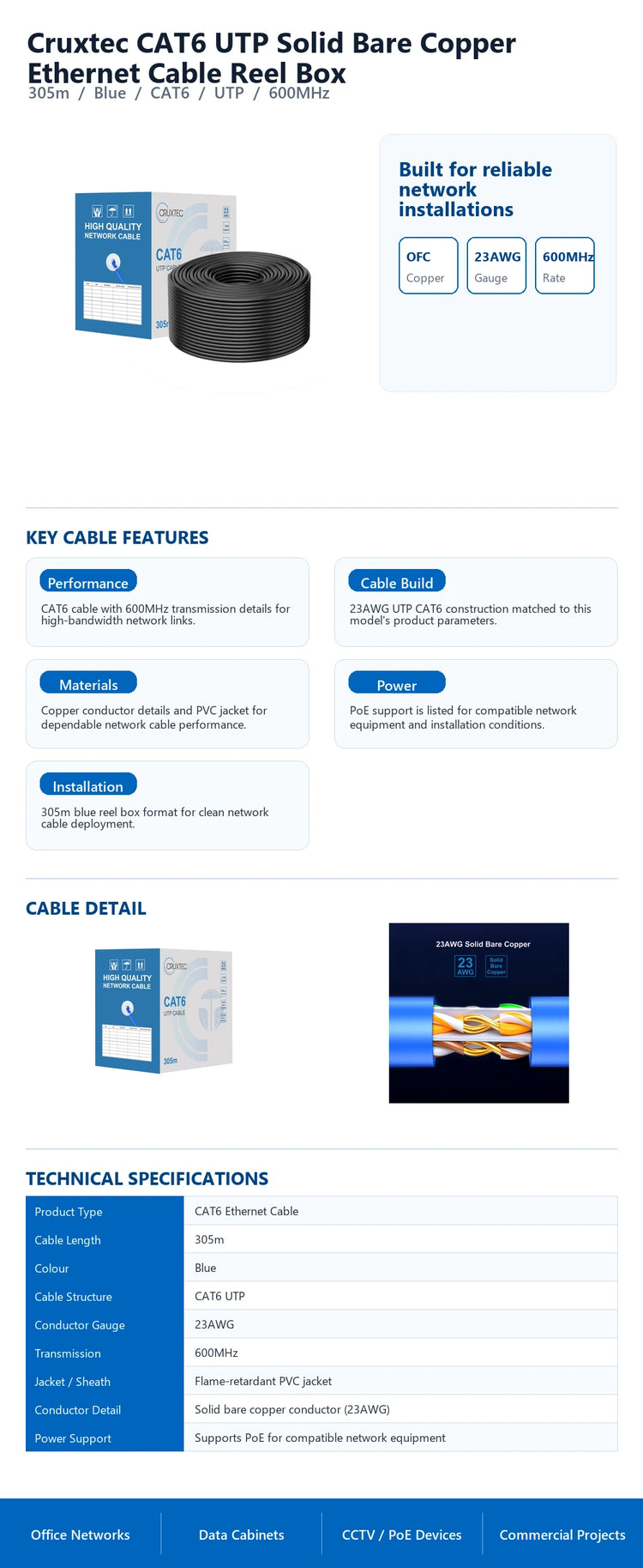 Cruxtec CAT6 UTP Solid Bare Copper Ethernet Cable Reel Box (Blue 305m) technical infographic with verified network cable specifications