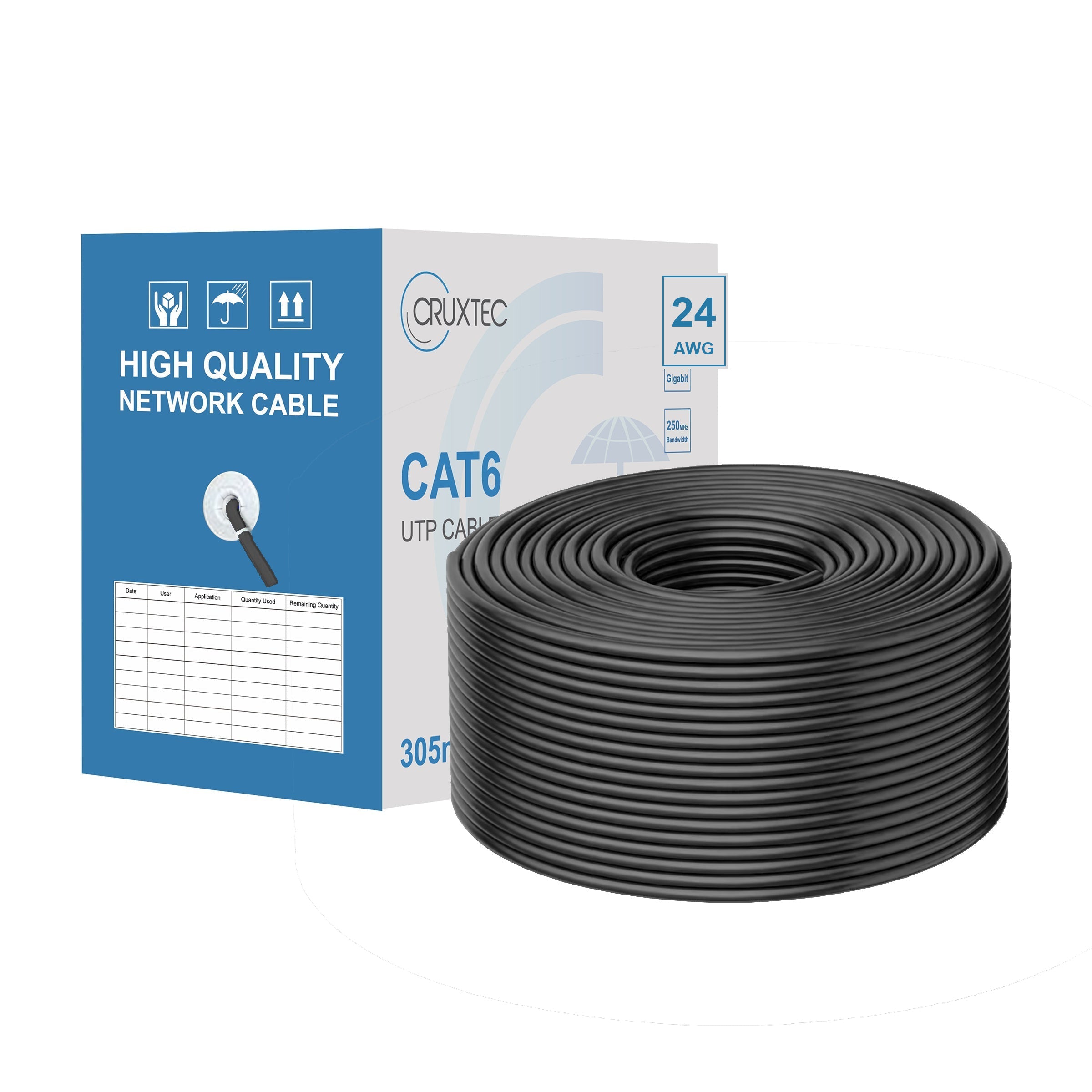 Cruxtec CAT6 UTP 24AWG solid bare copper Ethernet cable reel box Black 305m main product image