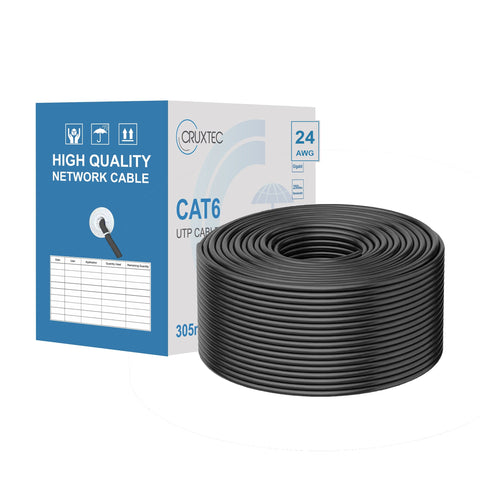 Cruxtec CAT6 UTP 24AWG solid bare copper Ethernet cable reel box Black 305m main product image