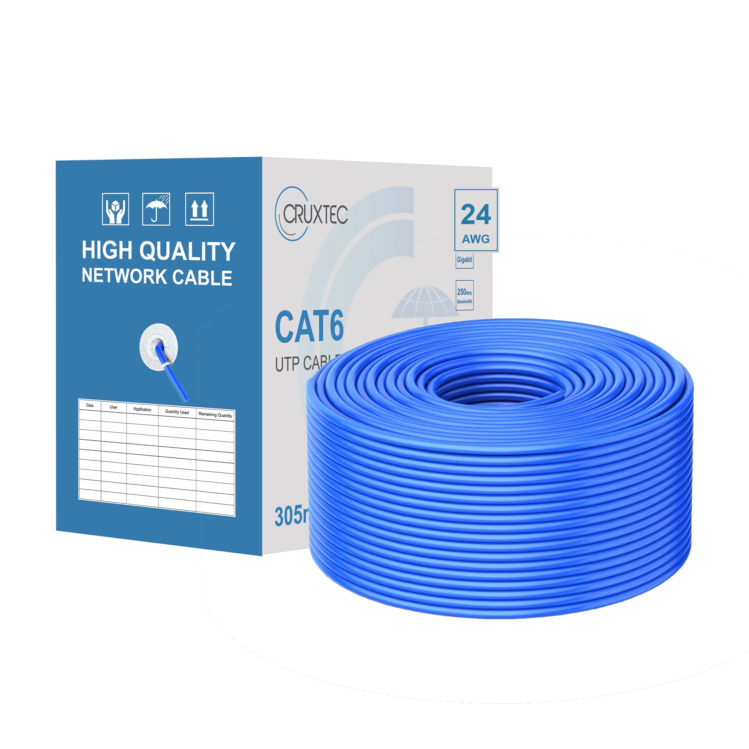Cruxtec CAT6 UTP 24AWG solid bare copper Ethernet cable reel box Blue 305m main product image