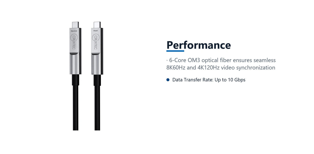 Cruxtec USB-C USB 3.2 Gen2 Full-Feature Active Optical Cable with PD 60W 8K@60Hz / 4K@120Hz (Black 10m) performance detail image with verified product information