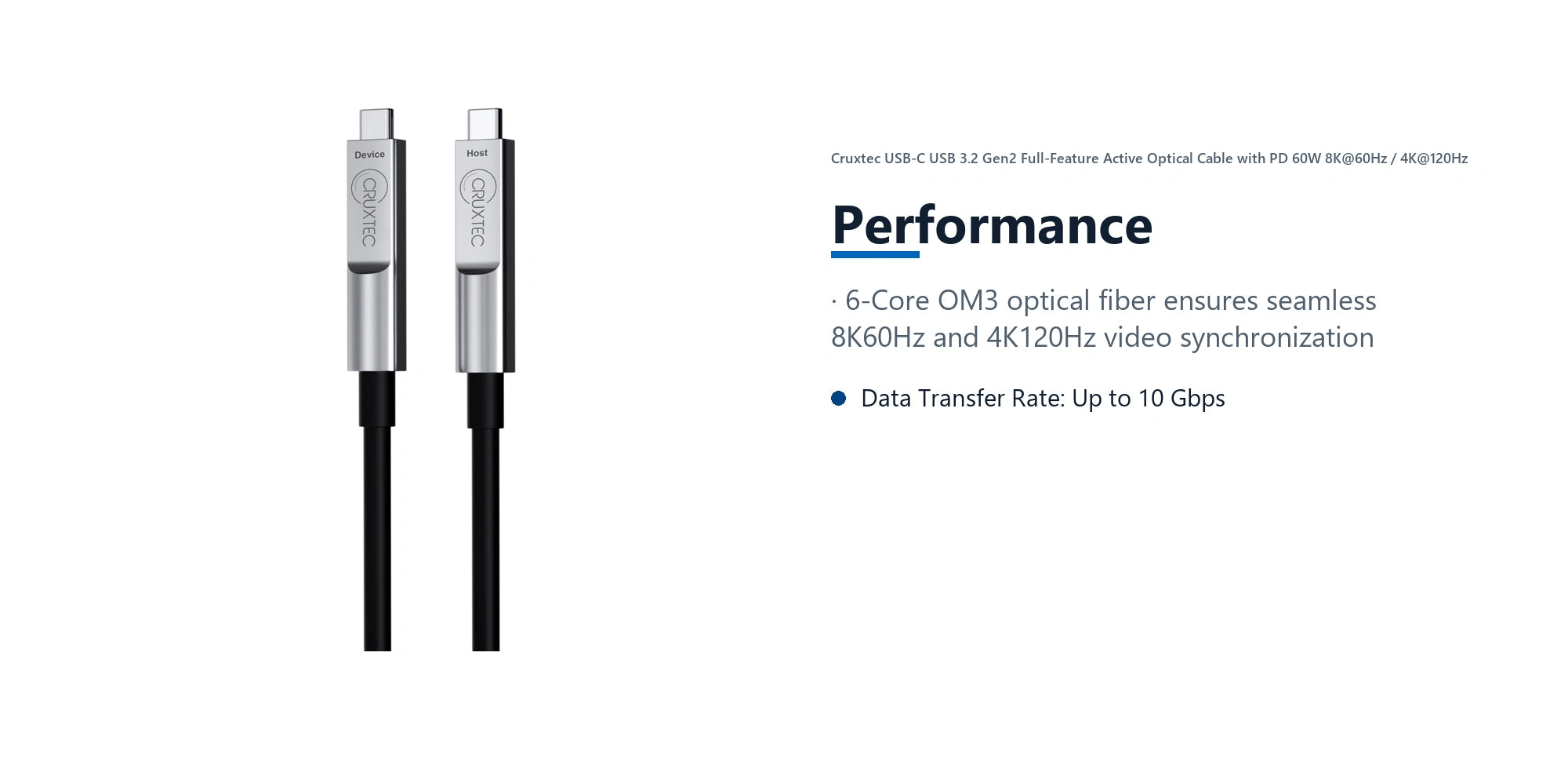Cruxtec USB-C USB 3.2 Gen2 Full-Feature Active Optical Cable with PD 60W 8K@60Hz / 4K@120Hz (Black 10m) performance detail image with verified product information