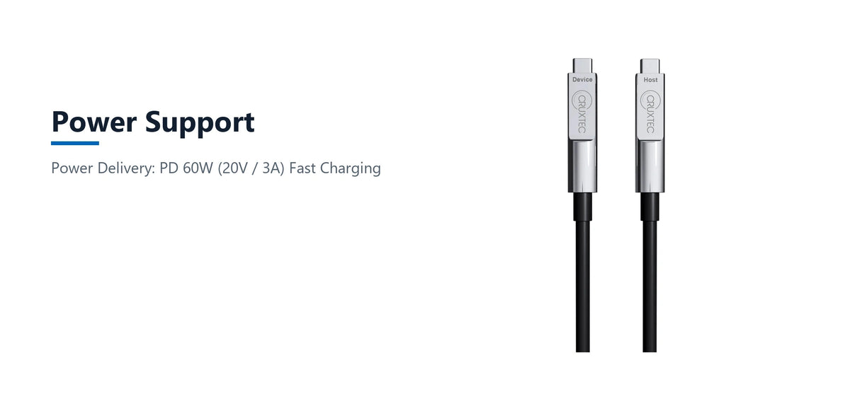 Cruxtec USB-C USB 3.2 Gen2 Full-Feature Active Optical Cable with PD 60W 8K@60Hz / 4K@120Hz (Black 10m) power support detail image with verified product information
