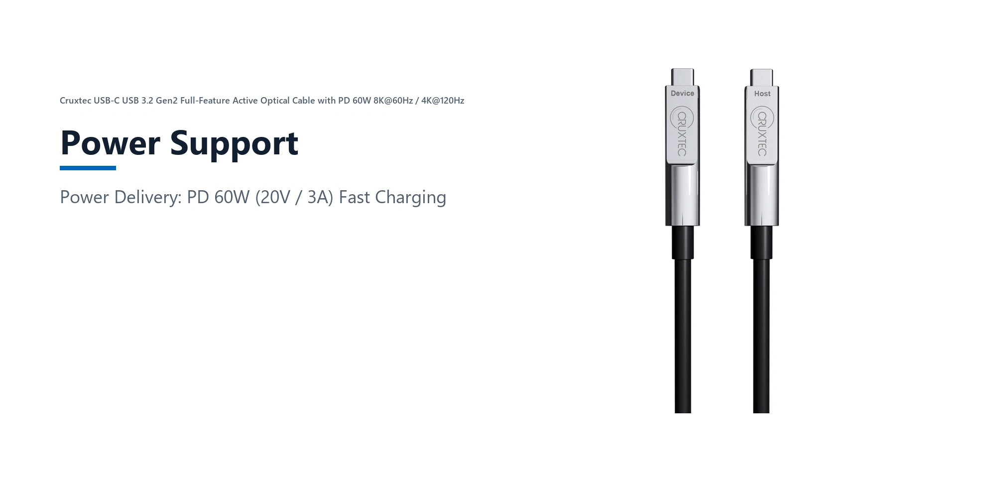 Cruxtec USB-C USB 3.2 Gen2 Full-Feature Active Optical Cable with PD 60W 8K@60Hz / 4K@120Hz (Black 10m) power support detail image with verified product information