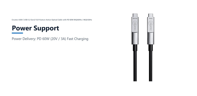 Cruxtec USB-C USB 3.2 Gen2 Full-Feature Active Optical Cable with PD 60W 8K@60Hz / 4K@120Hz (Black 10m) power support detail image with verified product information