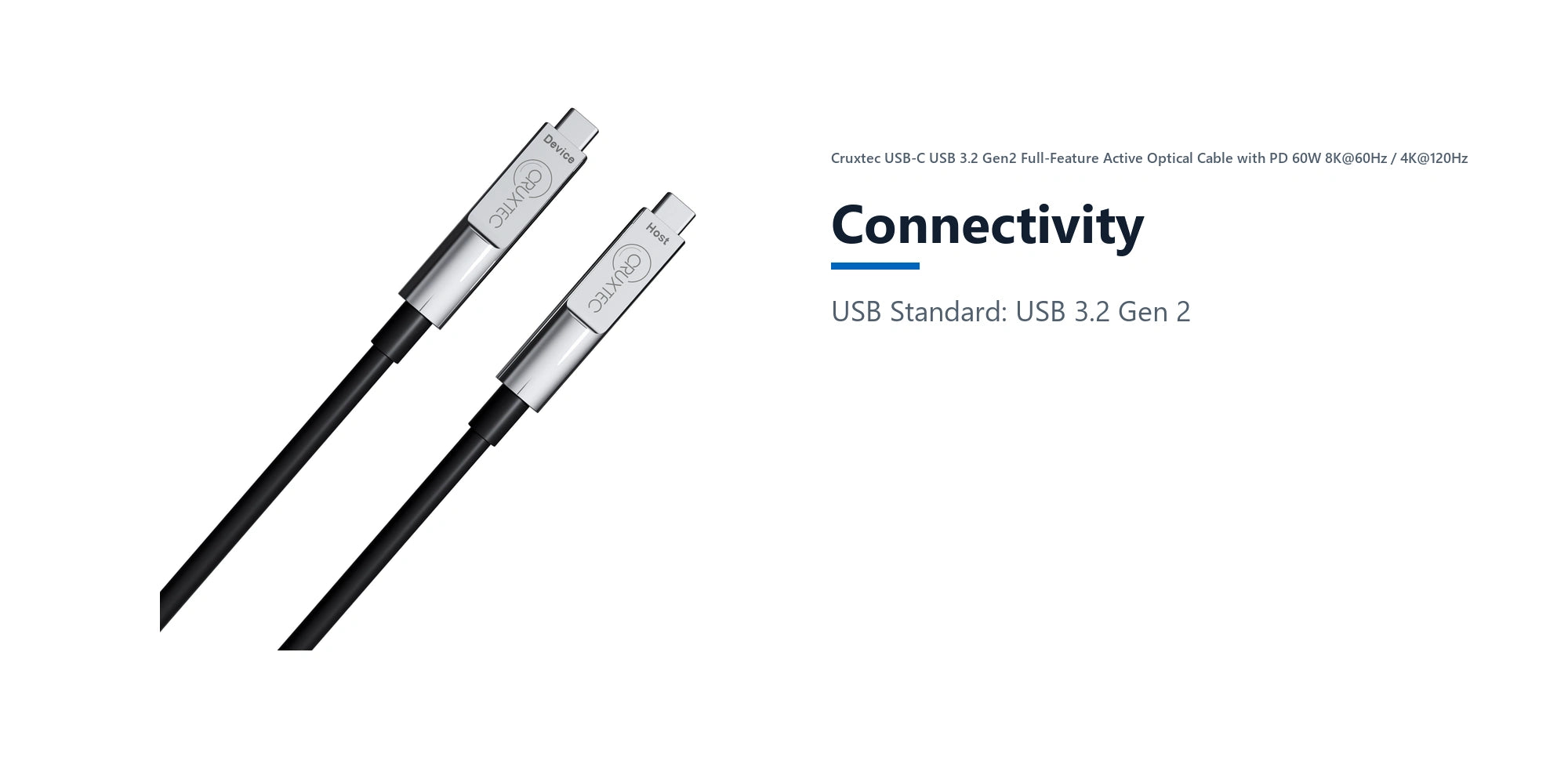 Cruxtec USB-C USB 3.2 Gen2 Full-Feature Active Optical Cable with PD 60W 8K@60Hz / 4K@120Hz (Black 15m) connectivity detail image with verified product information