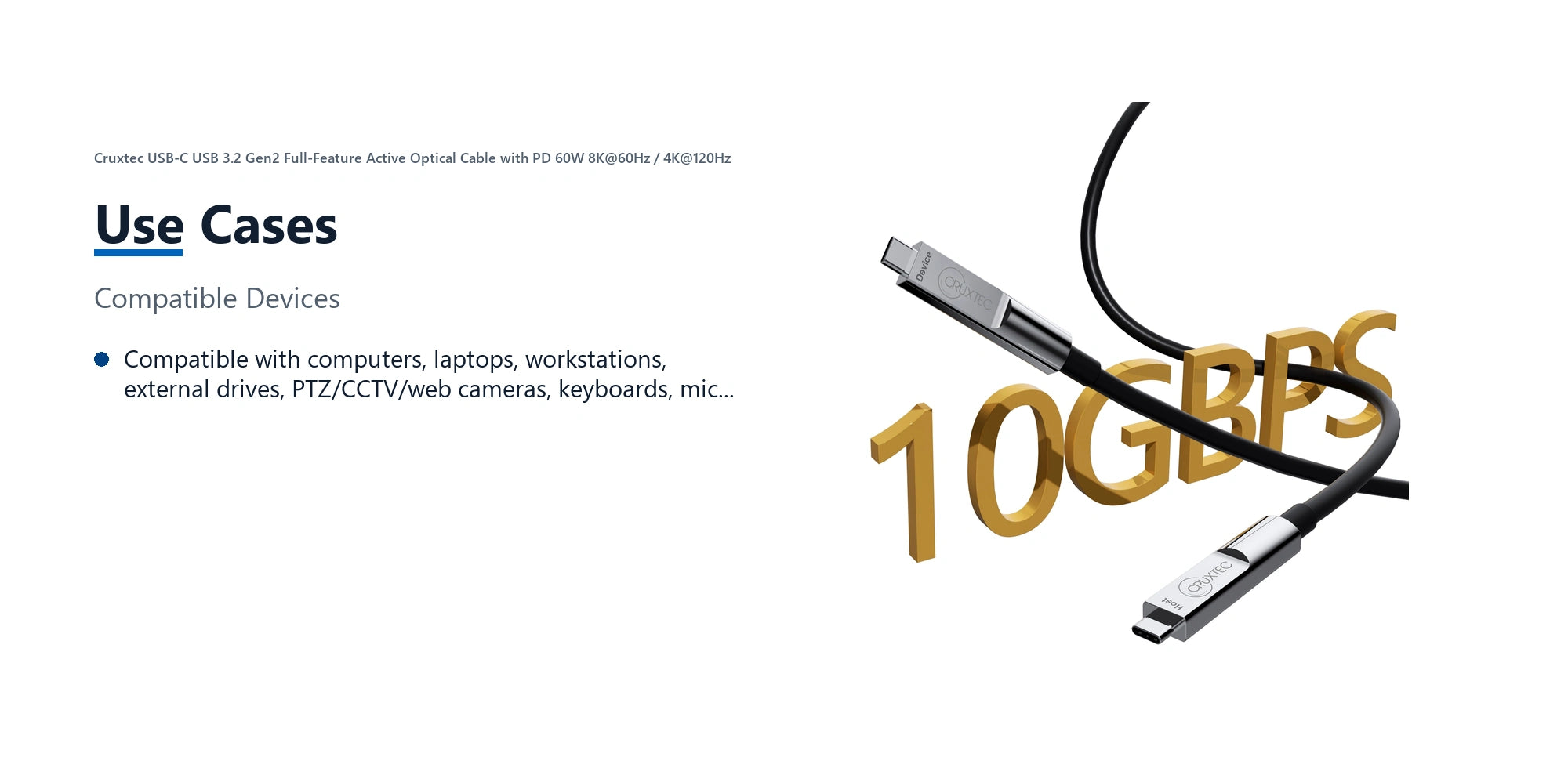 Cruxtec USB-C USB 3.2 Gen2 Full-Feature Active Optical Cable with PD 60W 8K@60Hz / 4K@120Hz (Black 15m) use cases detail image with verified product information