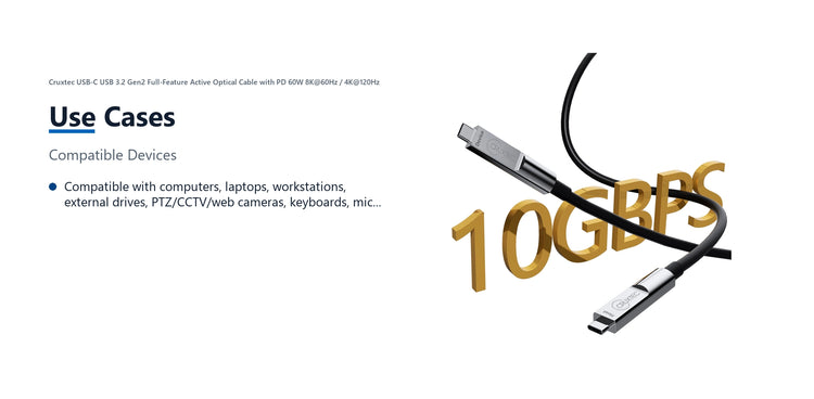 Cruxtec USB-C USB 3.2 Gen2 Full-Feature Active Optical Cable with PD 60W 8K@60Hz / 4K@120Hz (Black 15m) use cases detail image with verified product information