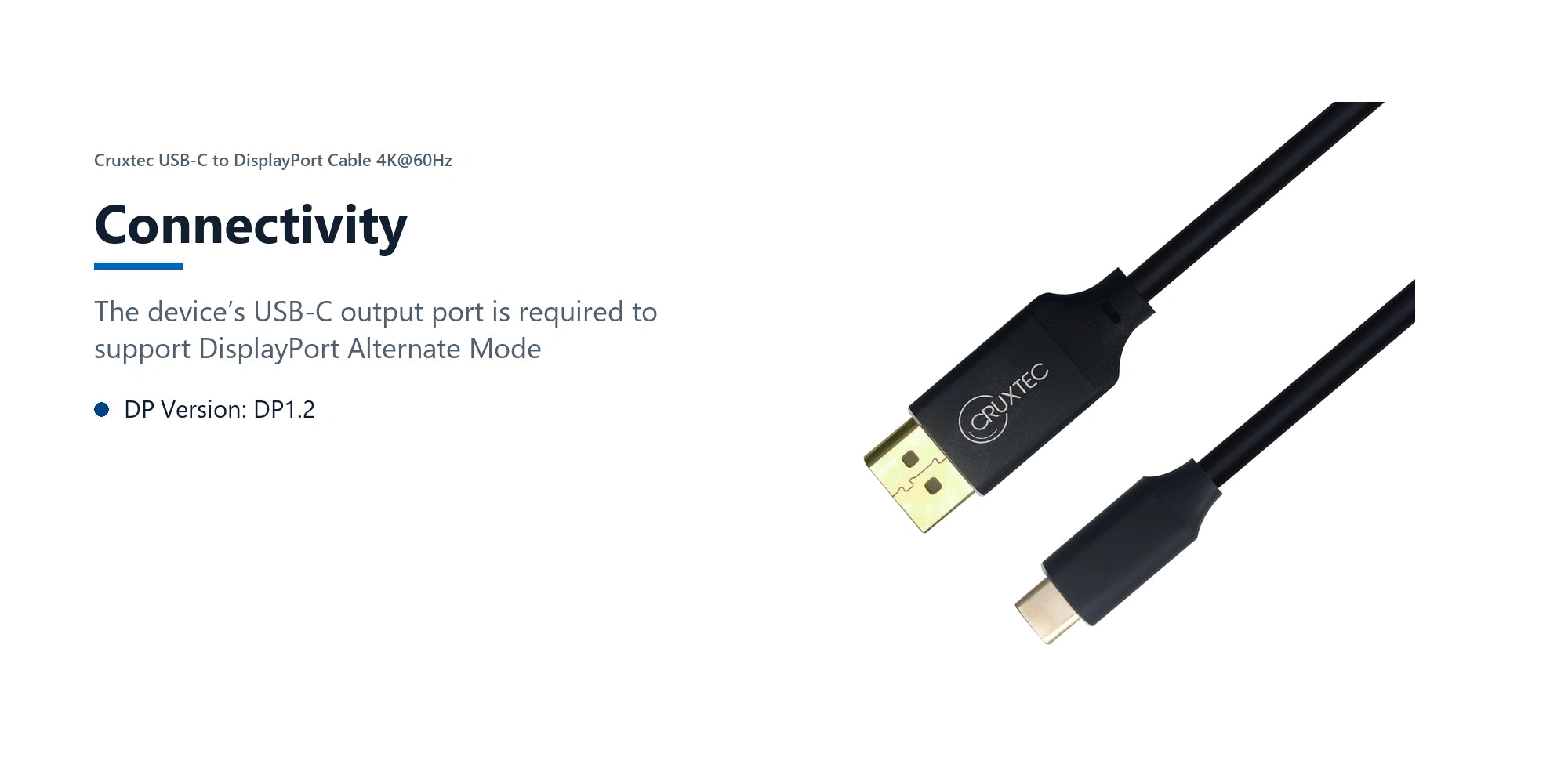 Cruxtec USB-C to DisplayPort Cable 4K@60Hz (Black 1m) connectivity detail image with verified product information