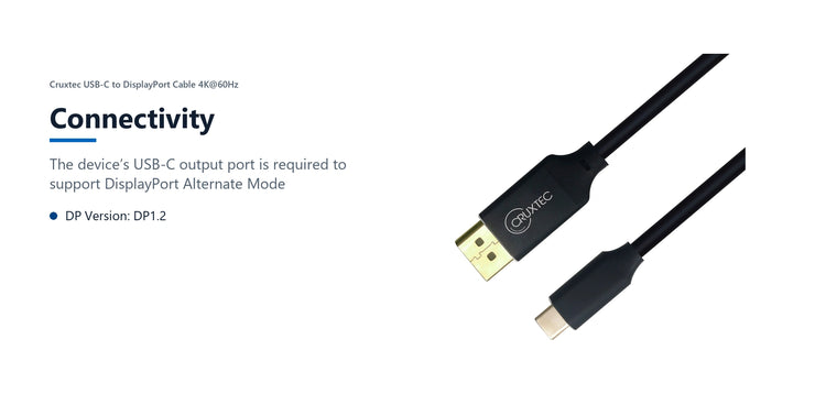 Cruxtec USB-C to DisplayPort Cable 4K@60Hz (Black 1m) connectivity detail image with verified product information