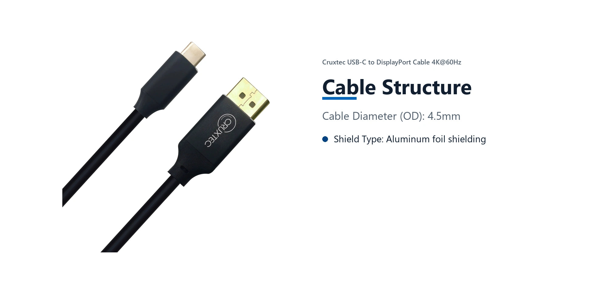 Cruxtec USB-C to DisplayPort Cable 4K@60Hz (Black 1m) cable structure detail image with verified product information