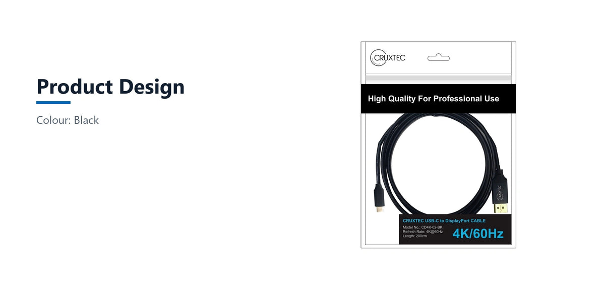Cruxtec USB-C to DisplayPort Cable 4K@60Hz (Black 1m) product design detail image with verified product information