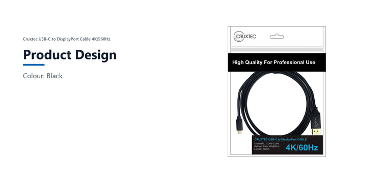 Cruxtec USB-C to DisplayPort Cable 4K@60Hz (Black 1m) product design detail image with verified product information