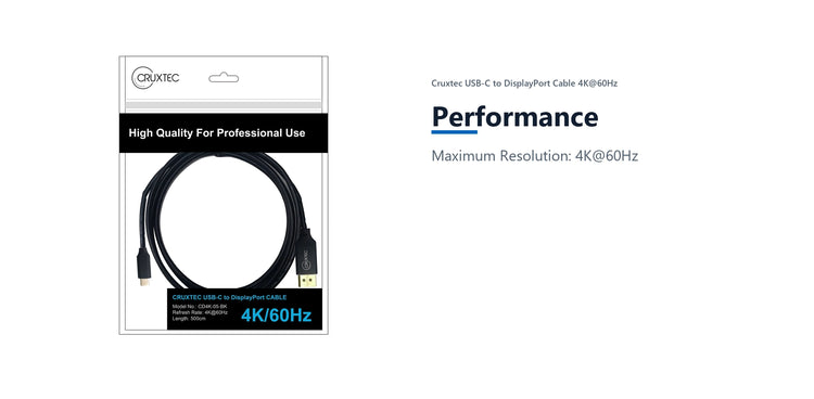 Cruxtec USB-C to DisplayPort Cable 4K@60Hz (Black 2m) performance detail image with verified product information