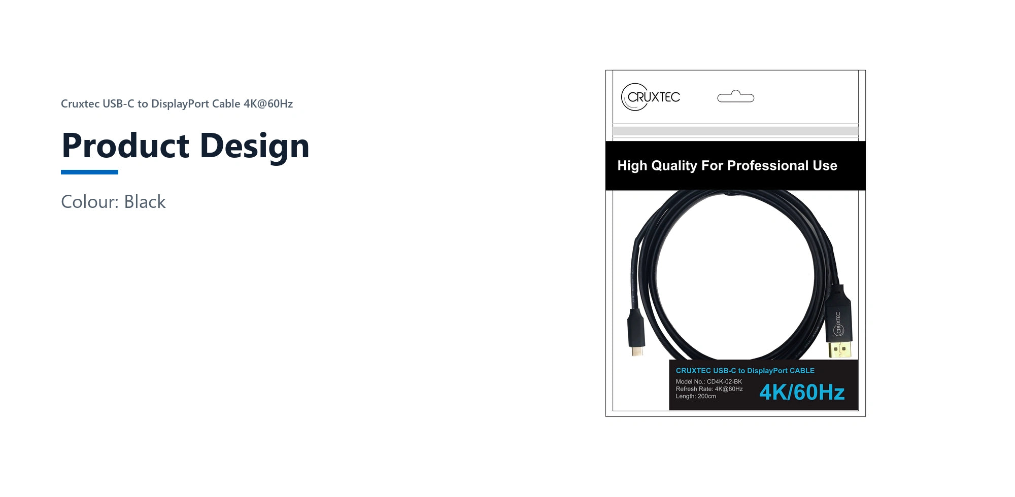 Cruxtec USB-C to DisplayPort Cable 4K@60Hz (Black 2m) product design detail image with verified product information