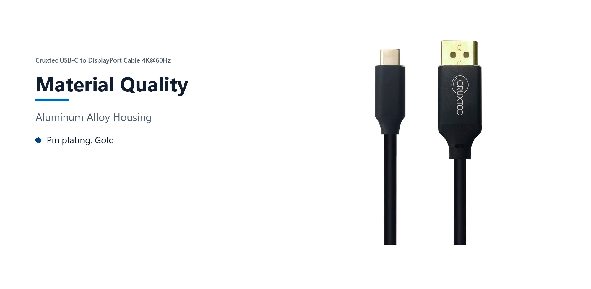 Cruxtec USB-C to DisplayPort Cable 4K@60Hz (Black 3m) material quality detail image with verified product information